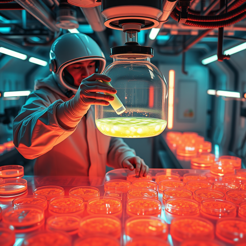 Aerial View of a Lone Scientist in a Neon-lit Underground...
