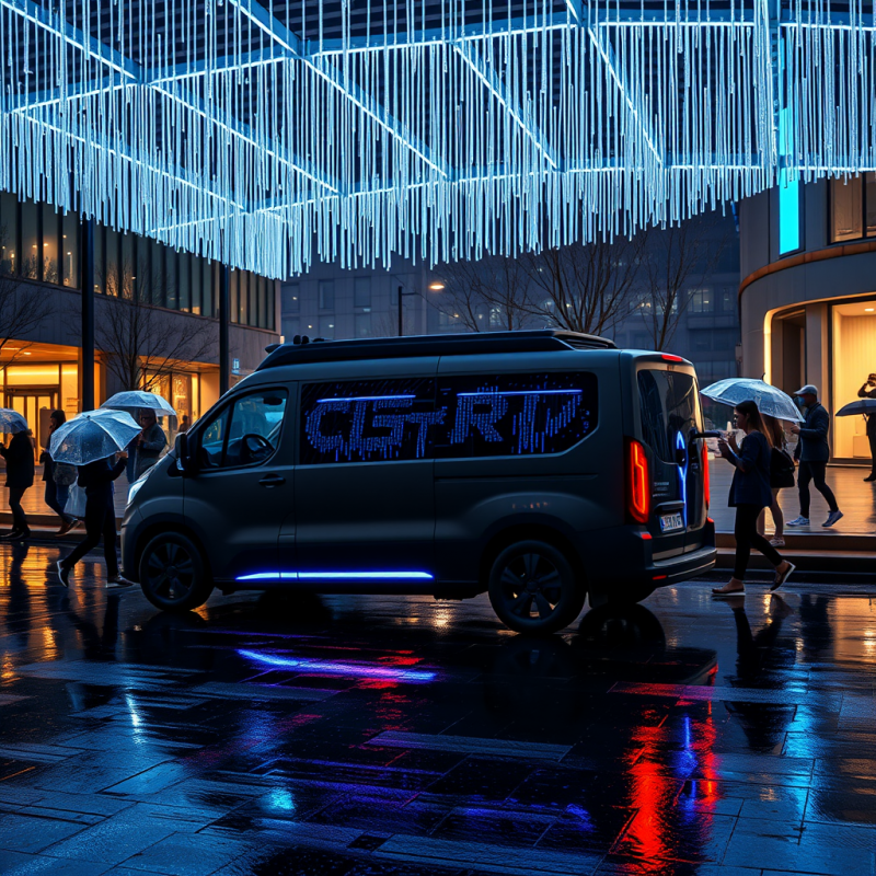 Aerial View of a Matte-black Self-driving Electric Van Wi...