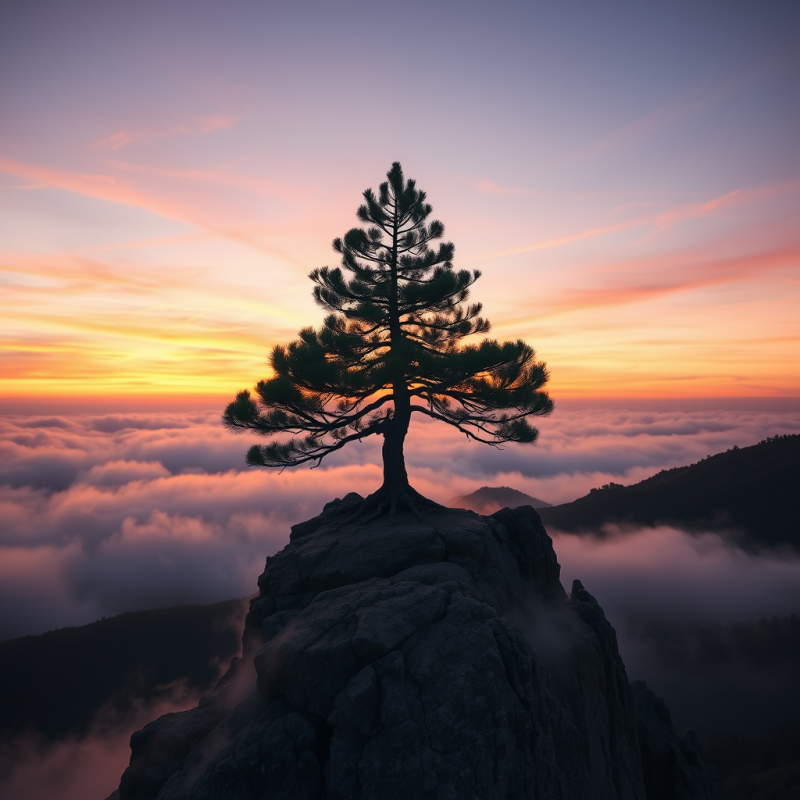 Aerial View Of A Single Ancient Pine Tree Perched Precari...