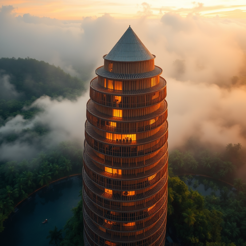 Aerial View Of A Spiral Bamboo-clad Tower In Bali