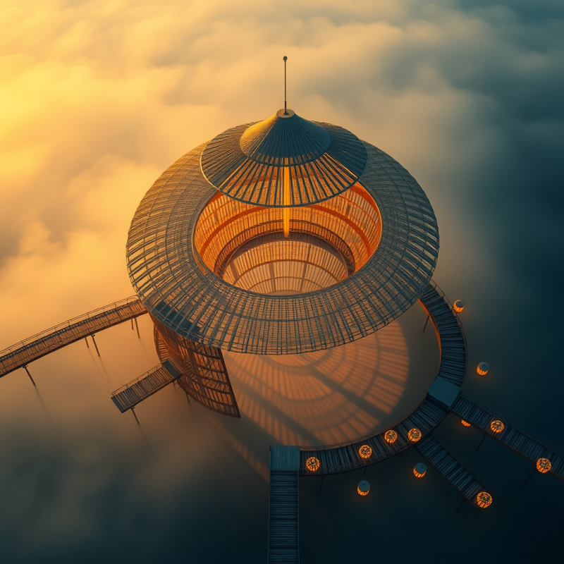 Aerial View Of A Spiral Bamboo Pavilion Glowing Under Gol...