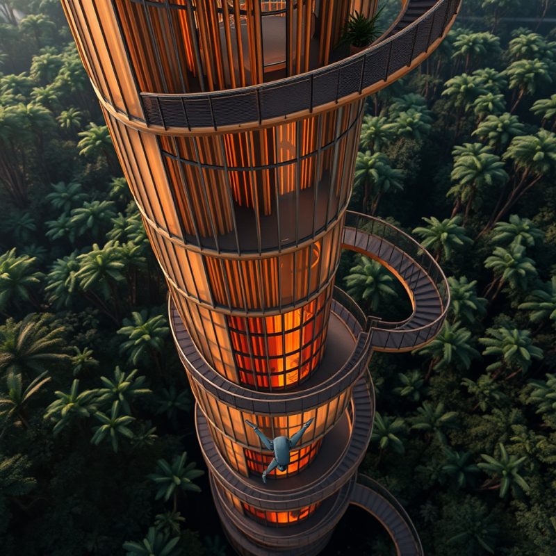 Aerial View Of A Spiraling Bamboo-and-glass Eco-tower In ...