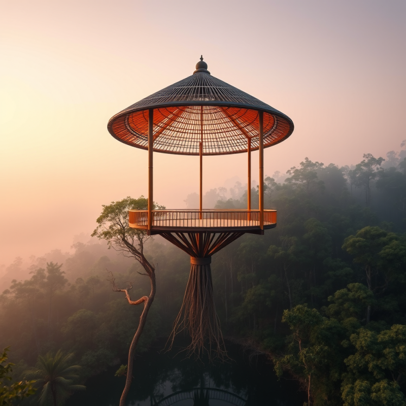 Aerial View Of A Spiraling Bamboo-framed Pavilion Glowing...