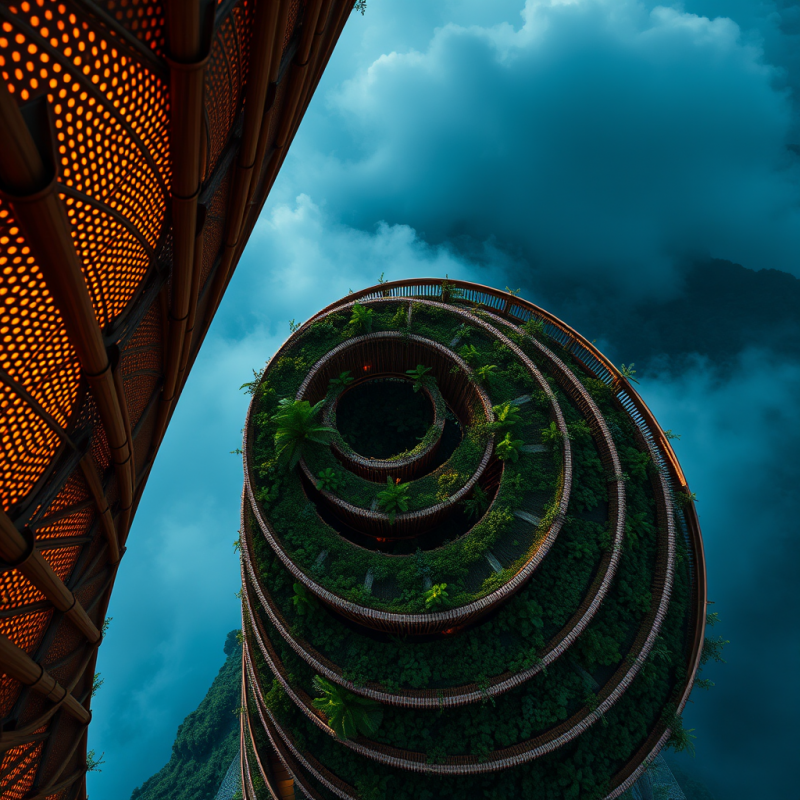 Aerial View Of A Spiraling Bamboo-reinforced Eco-tower In...