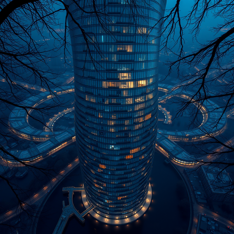 Aerial View of a Spiraling Glass-and-steel Residential To...