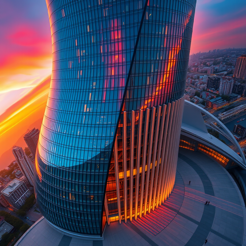 Aerial View of a Spiraling Glass-and-steel Skyscraper at ...
