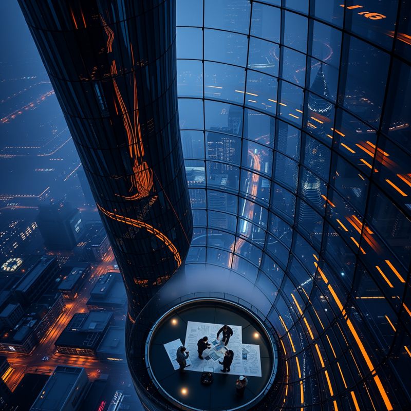 Aerial View of a Spiraling Glass-and-steel Tower at Dusk