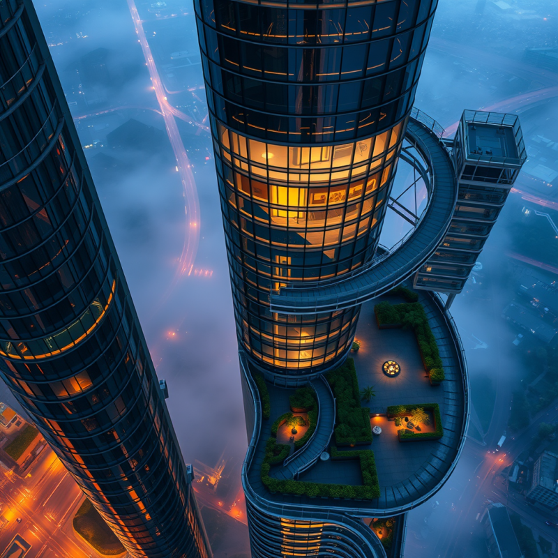 Aerial View Of A Spiraling Glass-and-steel Tower At Twilight
