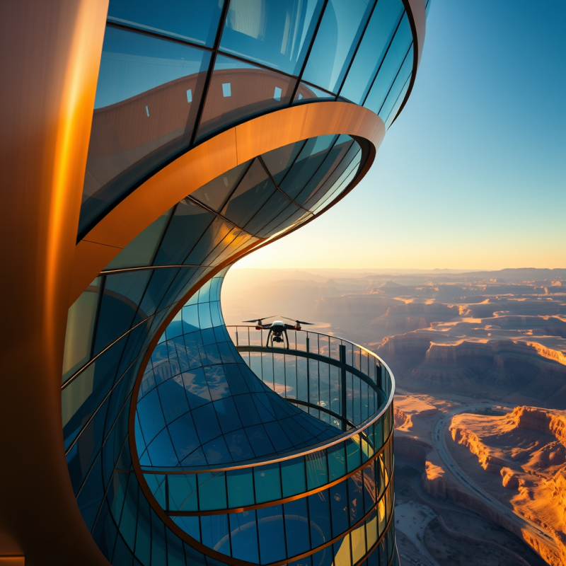 Aerial View of a Spiraling Glass-and-steel Tower Twisting...