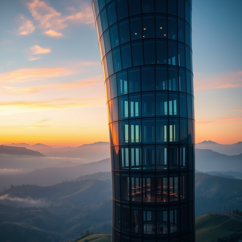 Aerial View of a Spiraling Glass-and-steel Tower with a G...