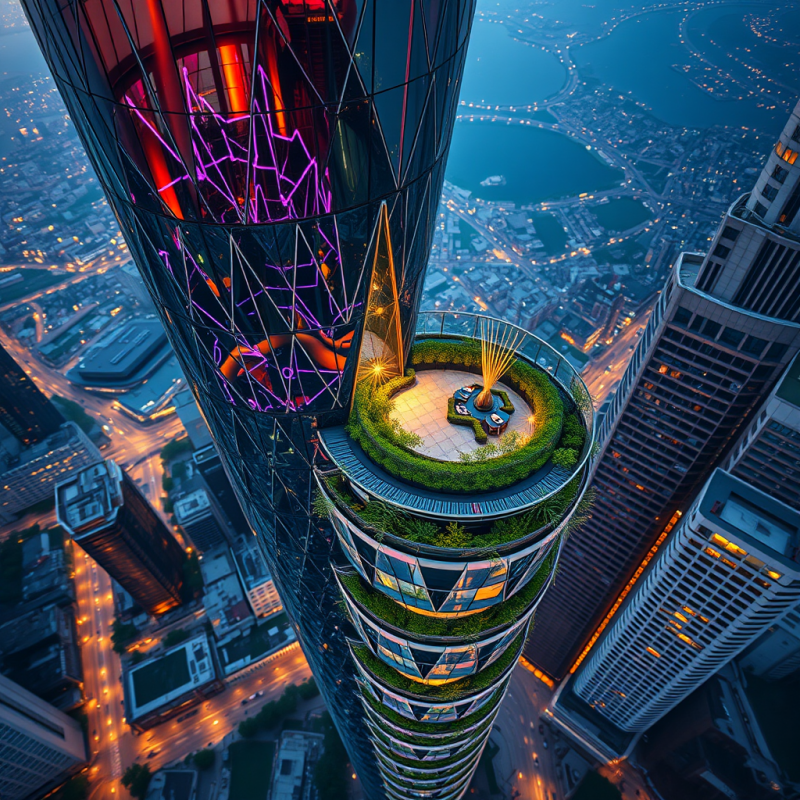Aerial View of a Spiraling Glass Tower at Twilight