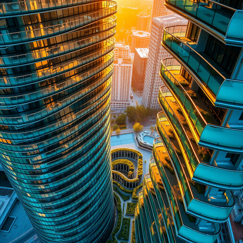 Aerial View of a Spiraling Glass Tower with Iridescent Bl...