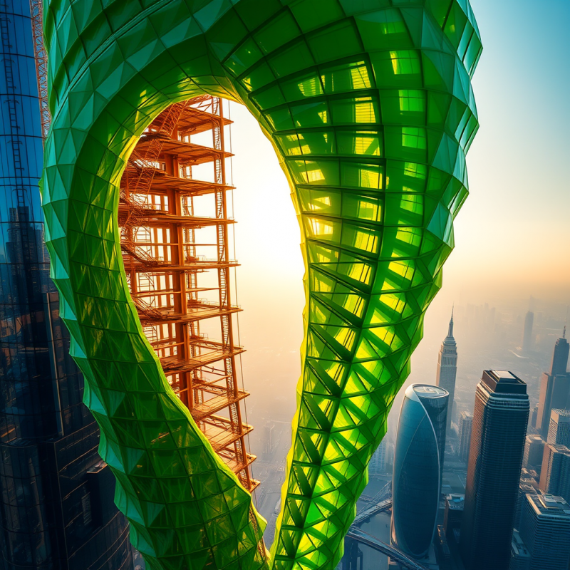 Aerial View Of A Spiraling Modern Skyscraper Under Constr...