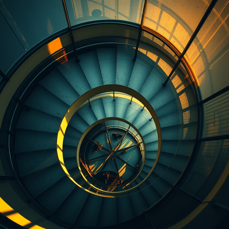 Aerial View of a Spiraling Spiral Staircase Inside a Glas...