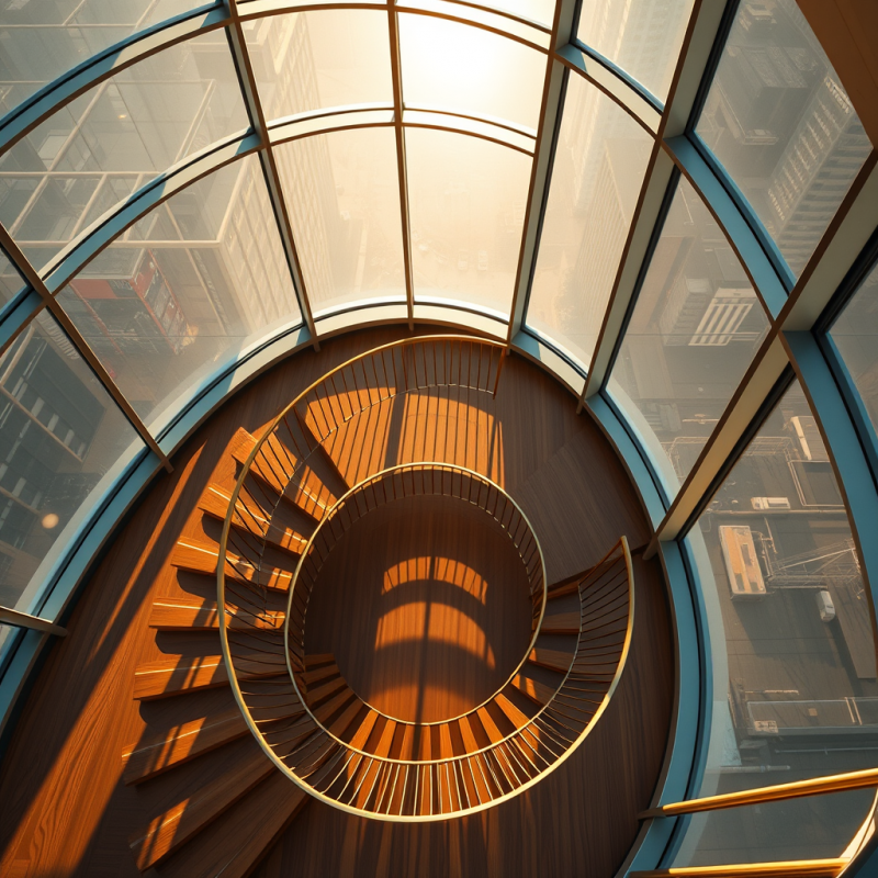 Aerial View of a Spiraling Spiral Stairwell Inside a Glas...