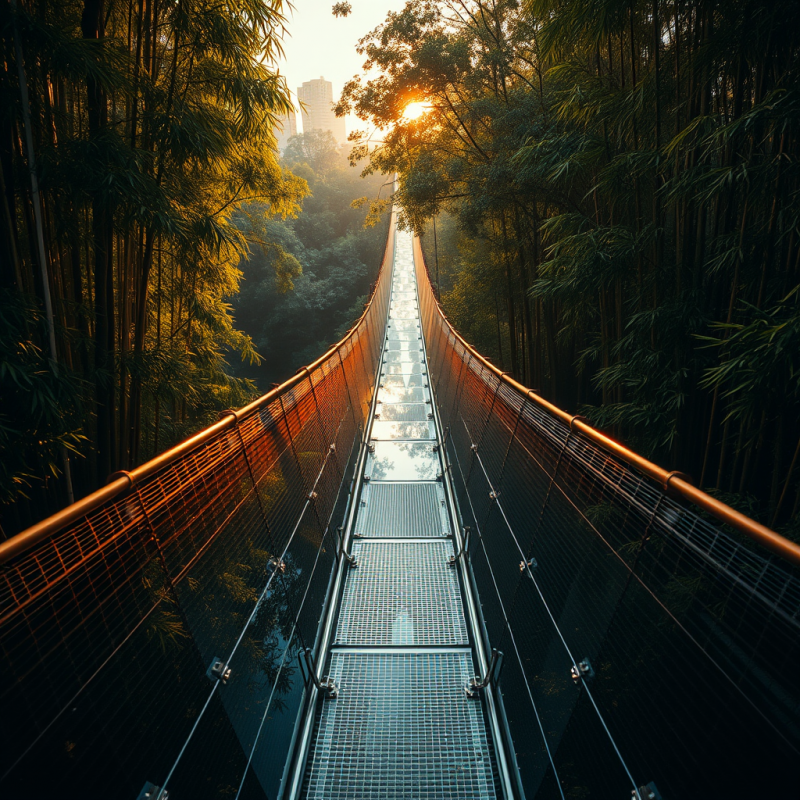 Aerial View of a Suspended Glass-and-steel Bridge Woven T...