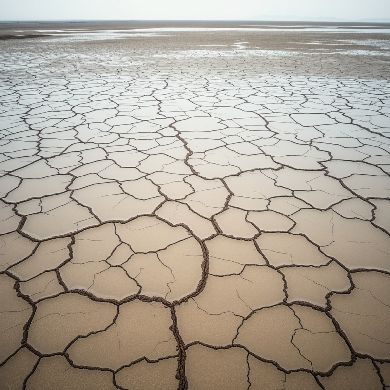 Aerial View of Dried Lake Bed with Geometric Mud Cracks