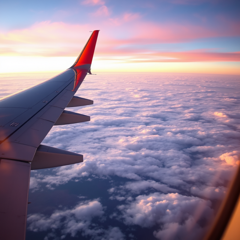 Airplane Wing View from Window Above Clouds Travel