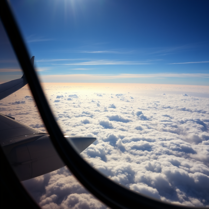 Airplane Wing View from Window Above Clouds Travel