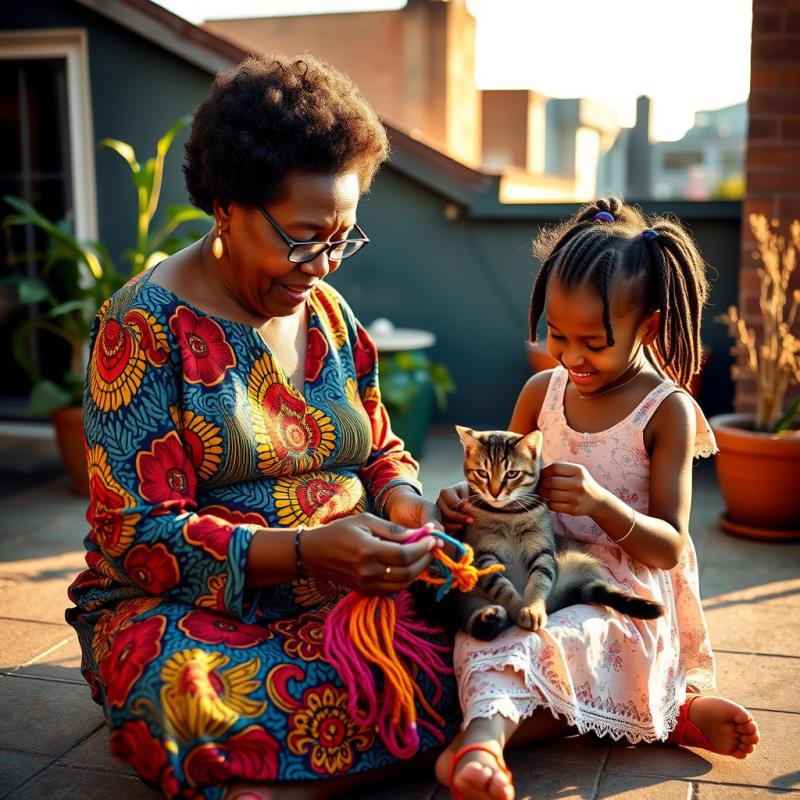 Woman and Girl with Cat on Rooftop