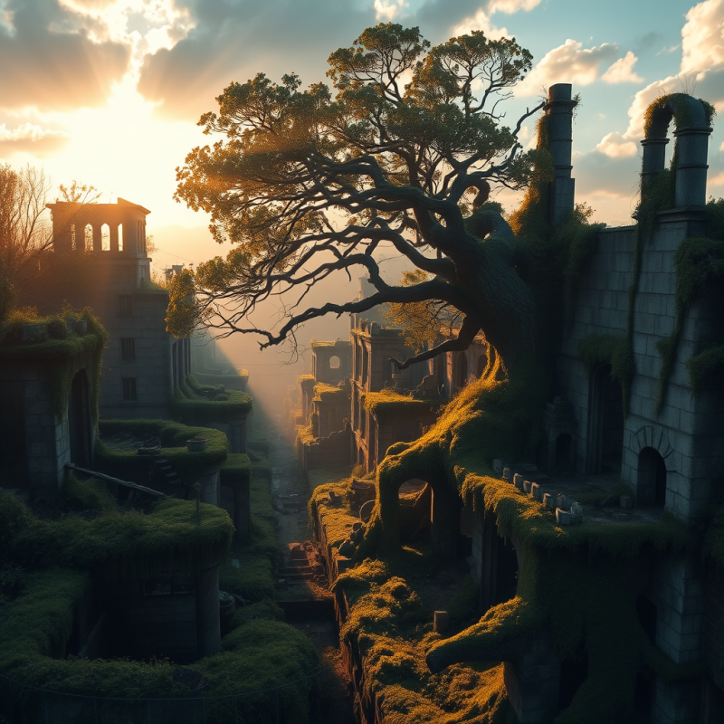 Ancient Tree Overgrown Ruins at Golden Hour