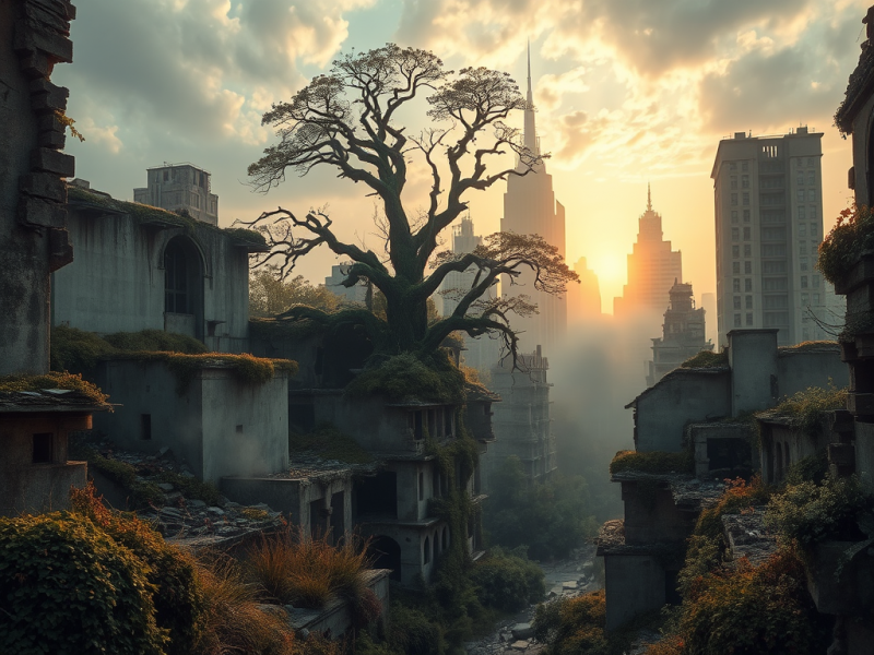 Ancient Tree Rising Through Ruined Cityscape