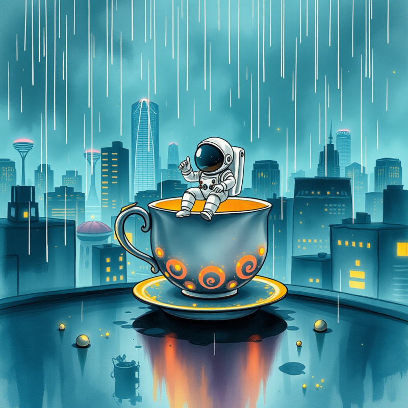 Astronaut Sits in a Cup Amidst a Futuristic