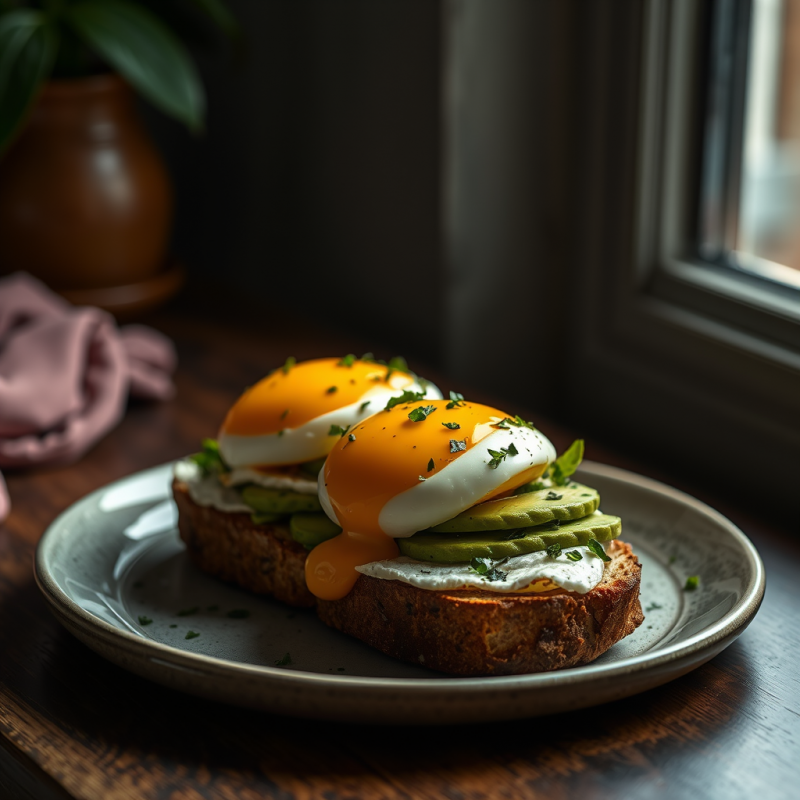 Avocado Toast with Eggs Healthy Brunch Natural Lighting