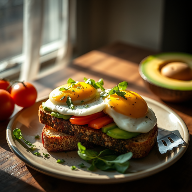 Avocado Toast with Eggs Healthy Brunch Natural Lighting