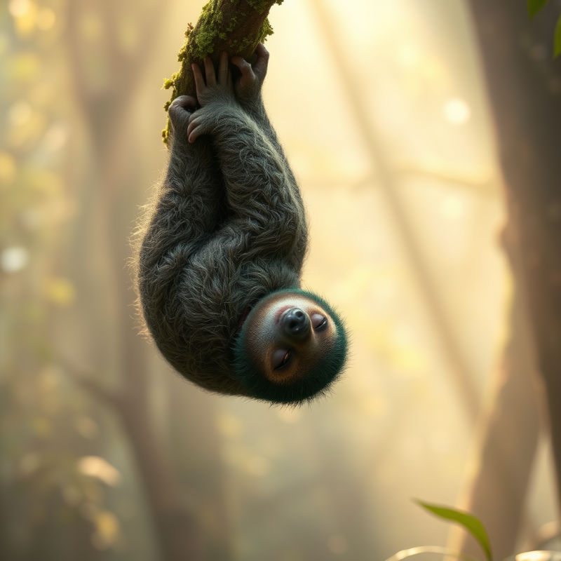 Baby Sloth Clings Upside-down to a Moss-covered Branch ...