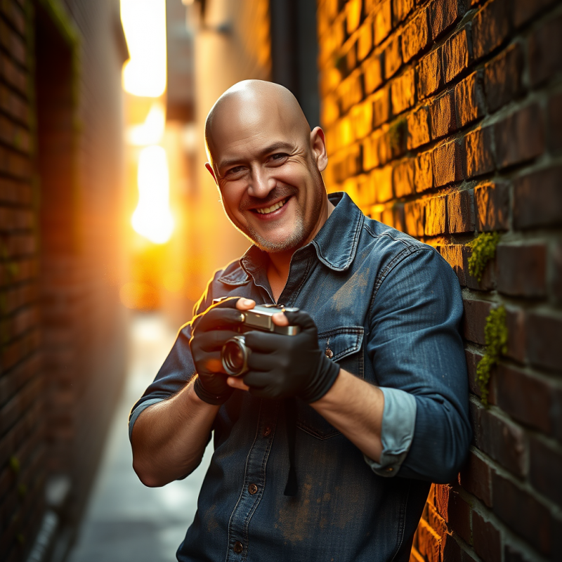 Bald Man in a Stained Denim Shirt and Fingerless Gloves...