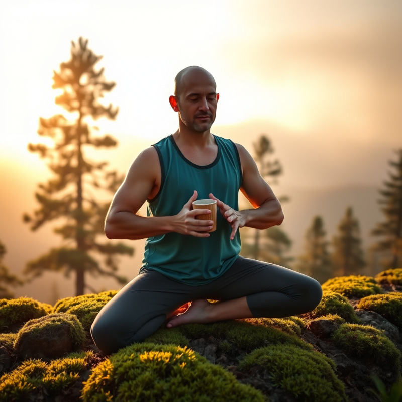 Bald Man in a Teal Athletic Vest Practices Sunrise Yoga...