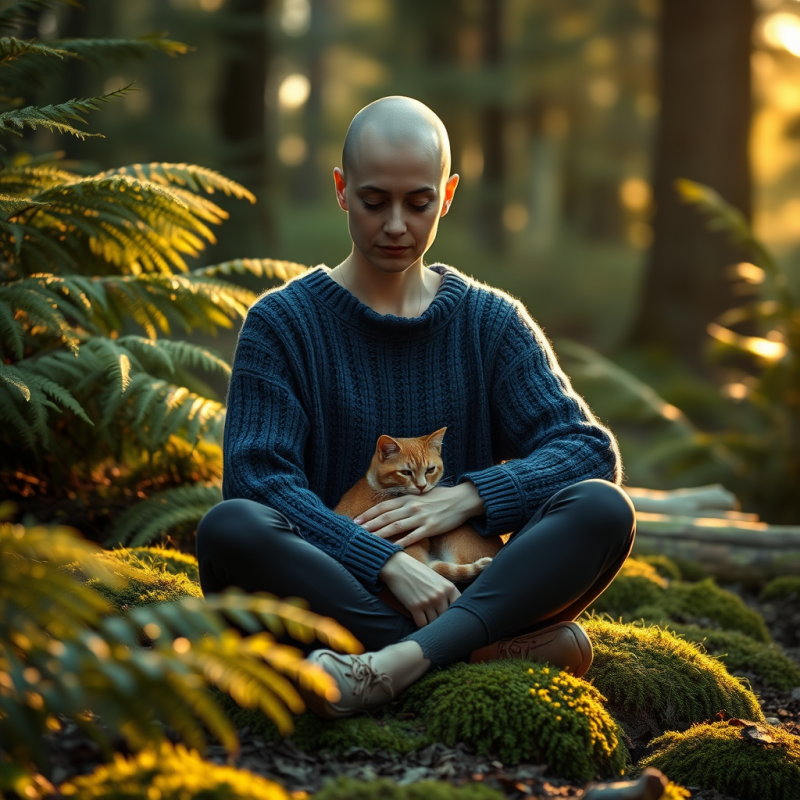 Bald Woman in a Hand-woven Indigo Sweater Sits Cross-le...