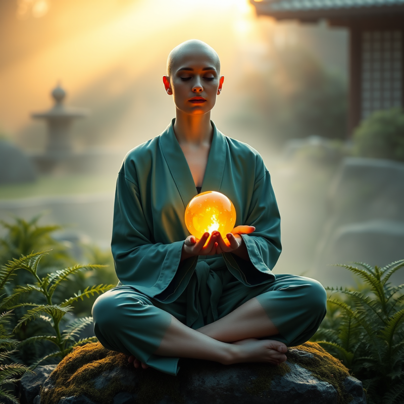 Bald Woman in a Jade-green Athletic Robe Sits Cross-leg...