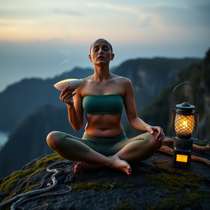 Bald Woman in a Jade-green Crop Top and Bamboo-leggings...