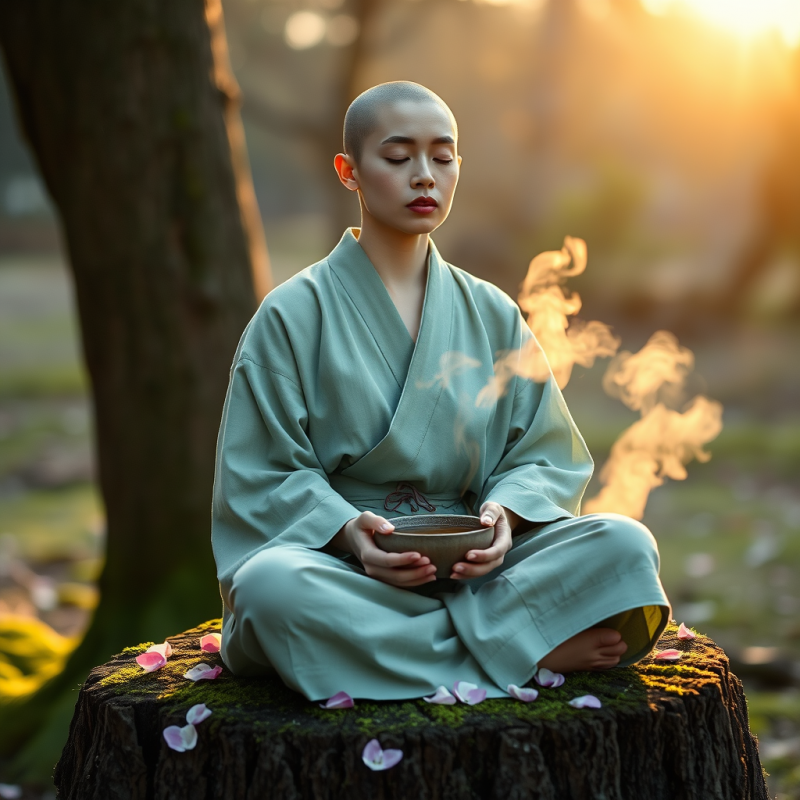 Bald Woman in a Jade-green Linen Robe Sits Cross-legged...