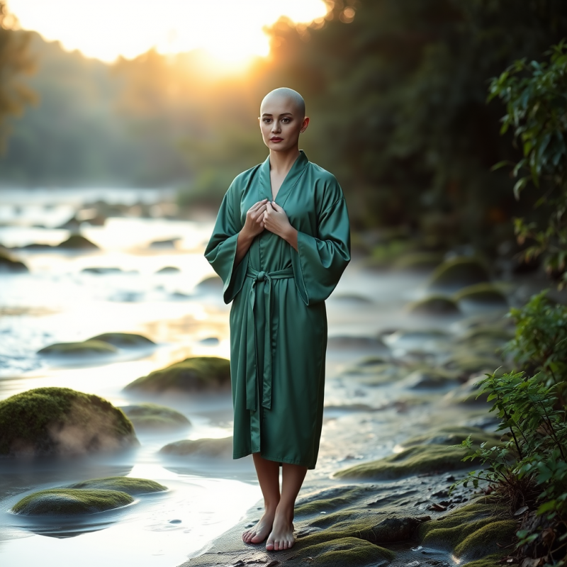 Bald Woman in a Jade-green Satin Robe Gently Presses He...