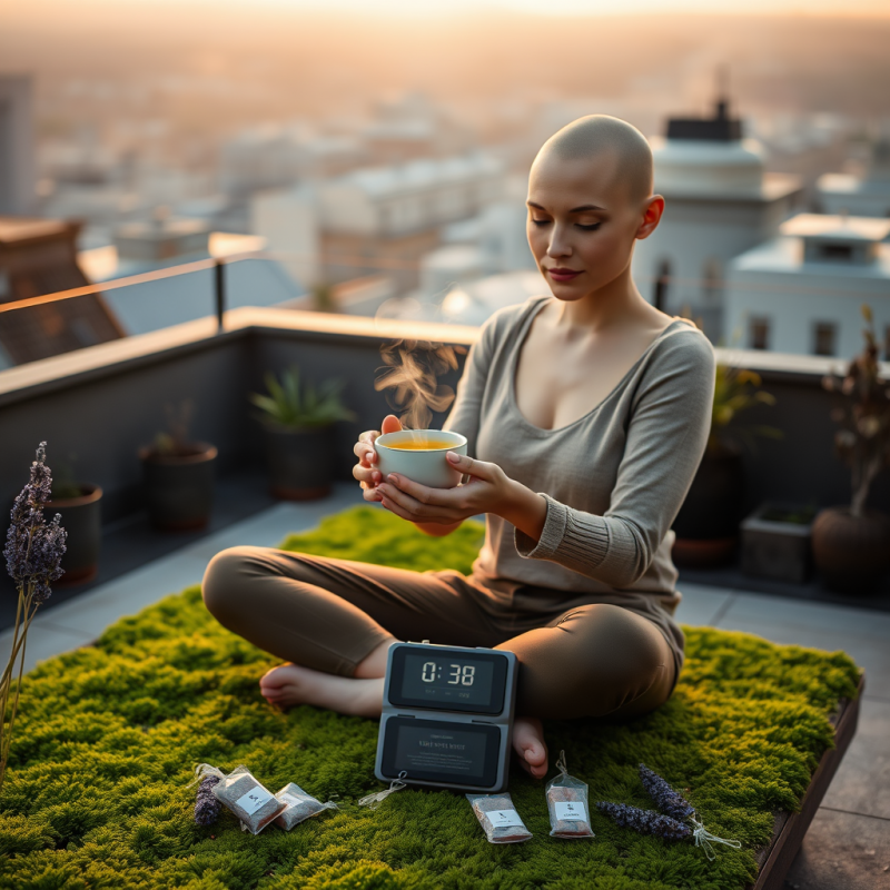 Bald Woman with Glowing Skin Sits Cross-legged on a Mos...