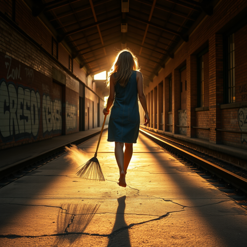 Barefoot Woman in a Denim Dress Sweeps Train Tracks