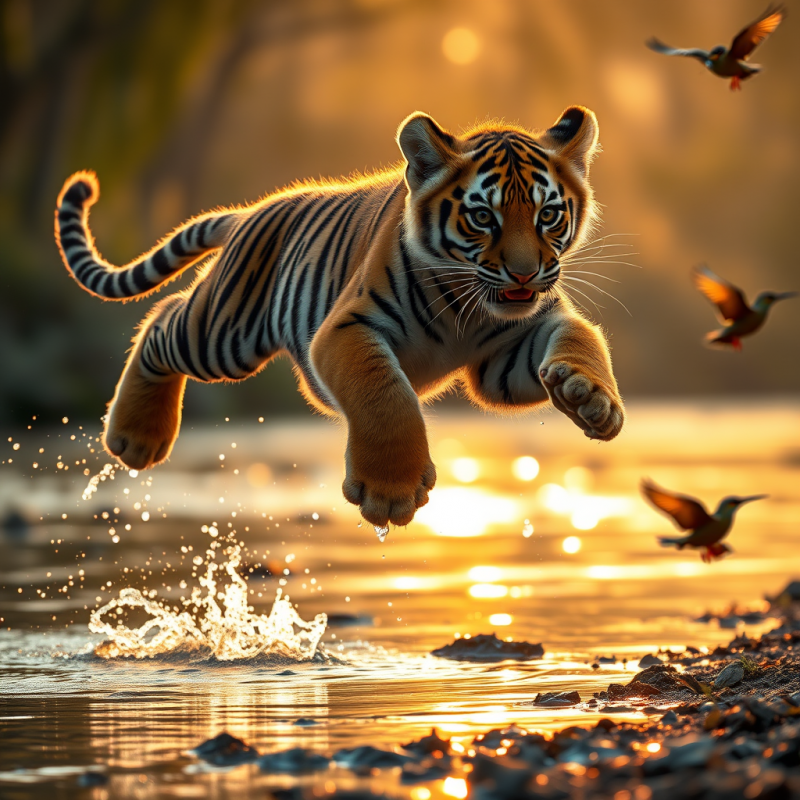 Bengal Tiger Cub Mid-leap Over a Sun-dappled Riverbank ...