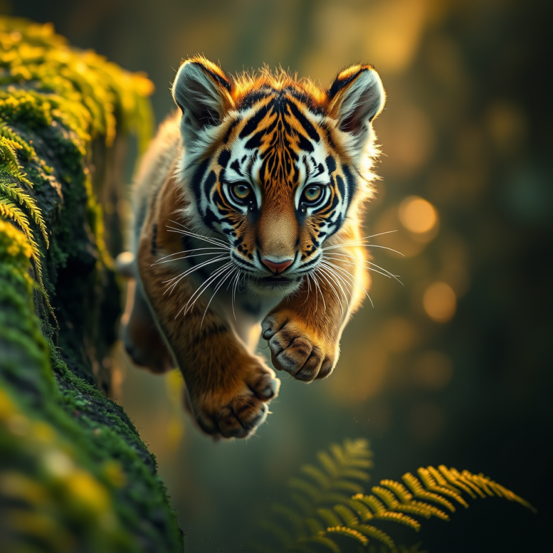 Bengal Tiger Cub with Golden Fur Dusted in Dew