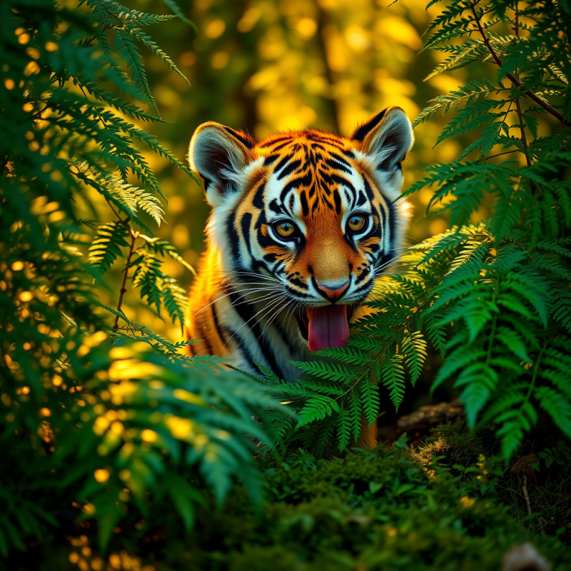 Bengal Tiger Cub with Golden-orange Fur and Vivid Black...