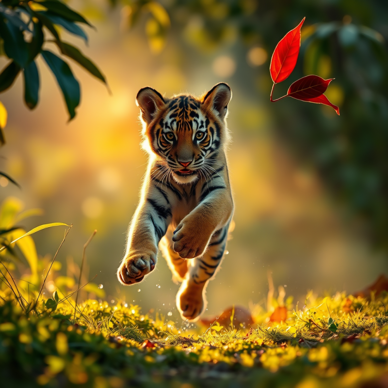 Bengal Tiger Cub with Sunlit Amber Fur and Striped Shadows