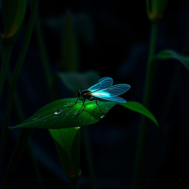 Bioluminescent Firefly Perched on the Dew-covered Leaf ...