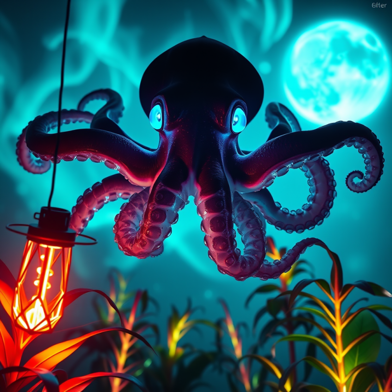 Bioluminescent Octopus with Crystalline Tentacles Float...