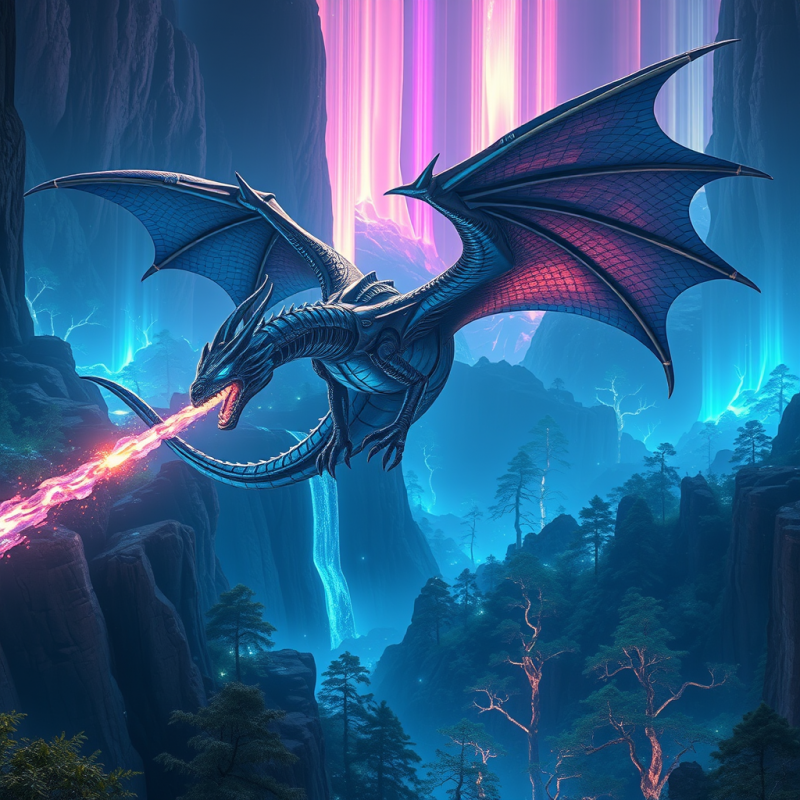 Biomechanical Dragon with Chrome-scaled Wings and Glowi...