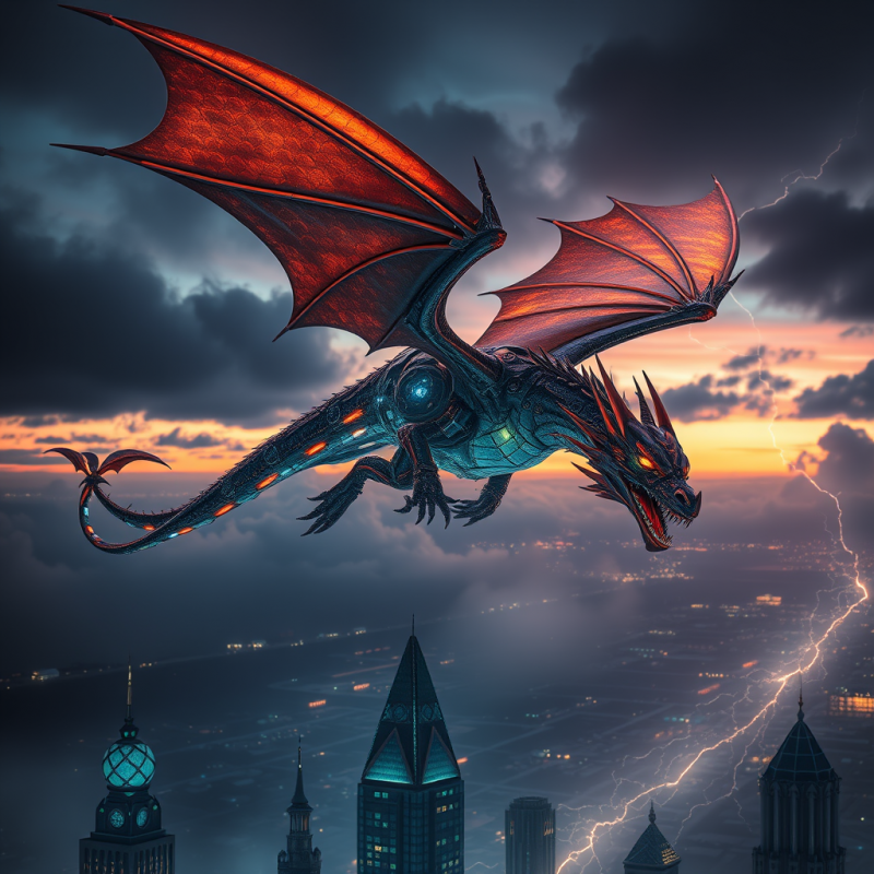 Biomechanical Dragon with Copper-plated Wings and Glowi...