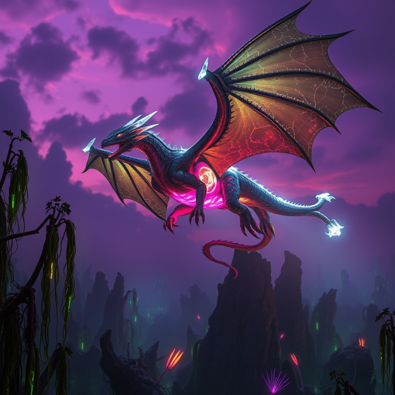 Biomechanical Dragon with Crystalline Wings Hovers Abov...