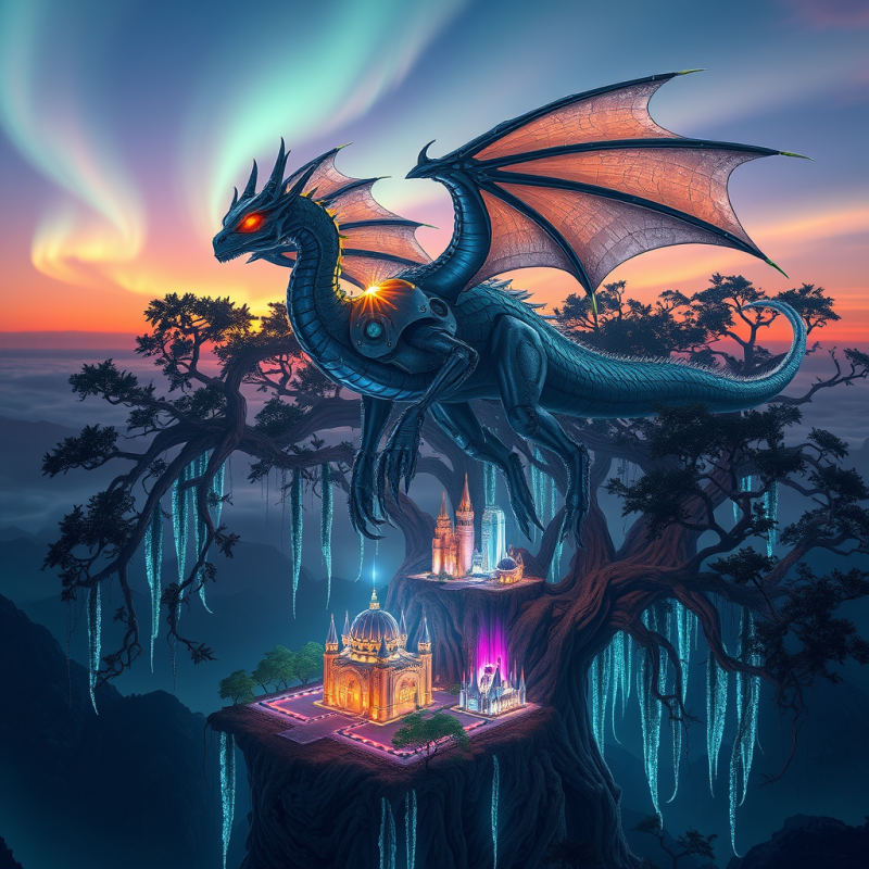 Biomechanical Dragon with Crystalline Wings Hovers Abov...