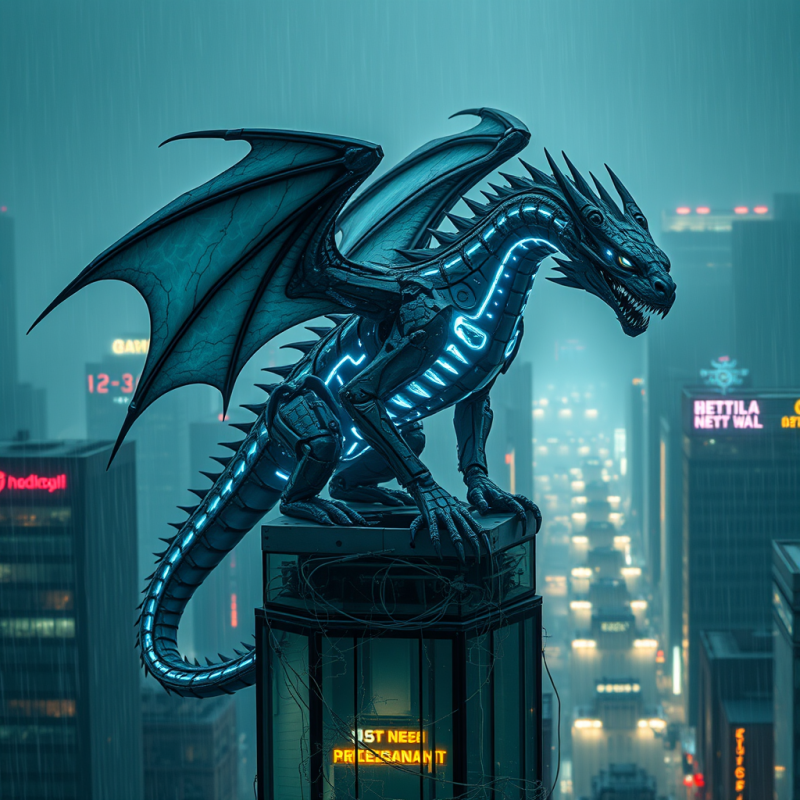 Biomechanical Dragon with Glowing Cerulean Veins and Cr...